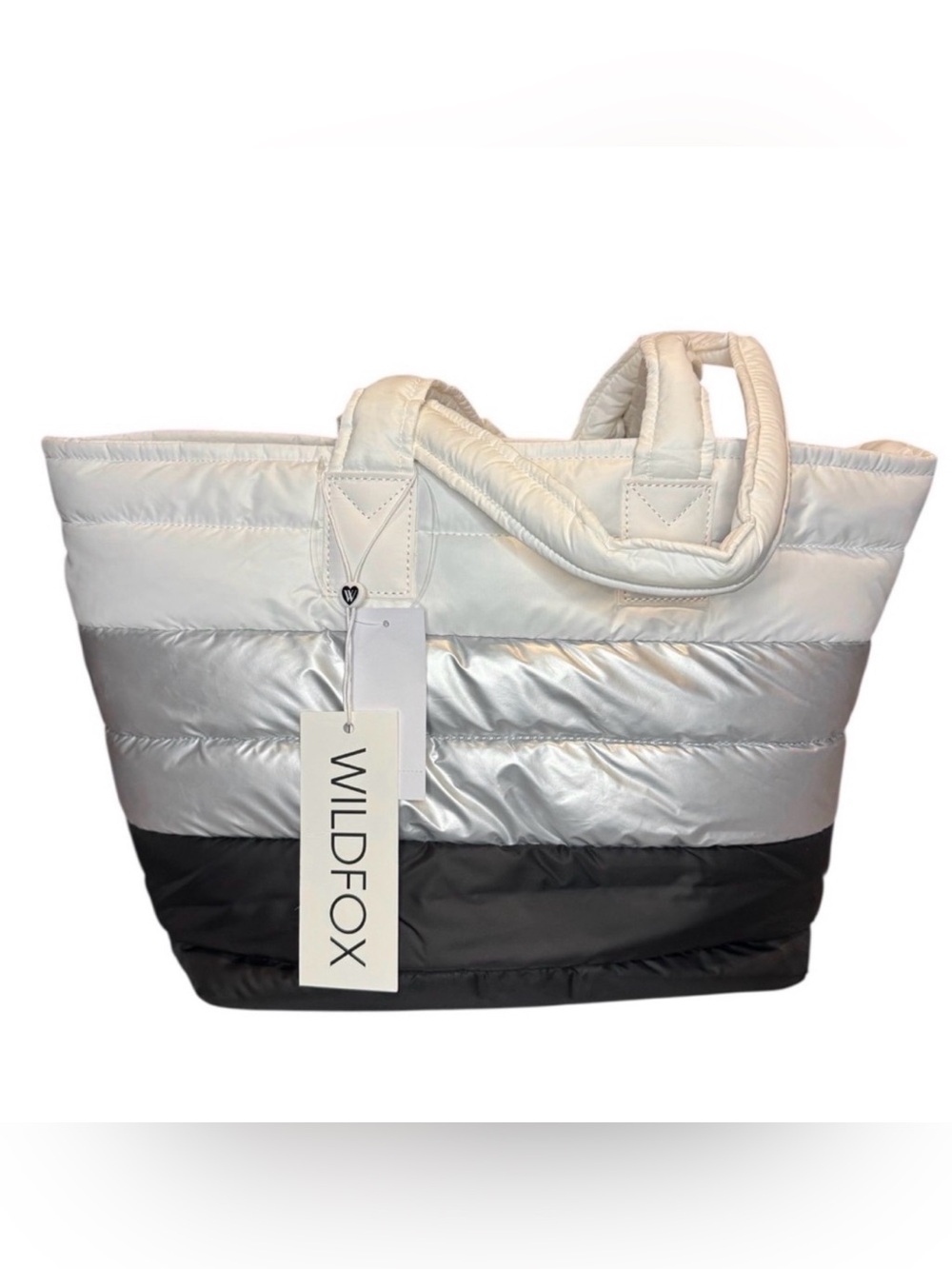 Wildfox puffy tote bag in a tri-color white, silver, and black design nwt
